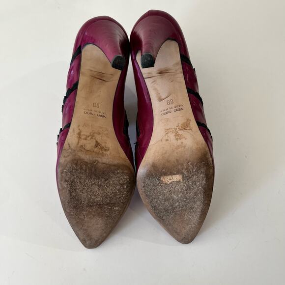 Tibi New York Heeled Bootie Size 7.5 Fuschia Pink Purple Black Ruffle - Picture 8 of 13